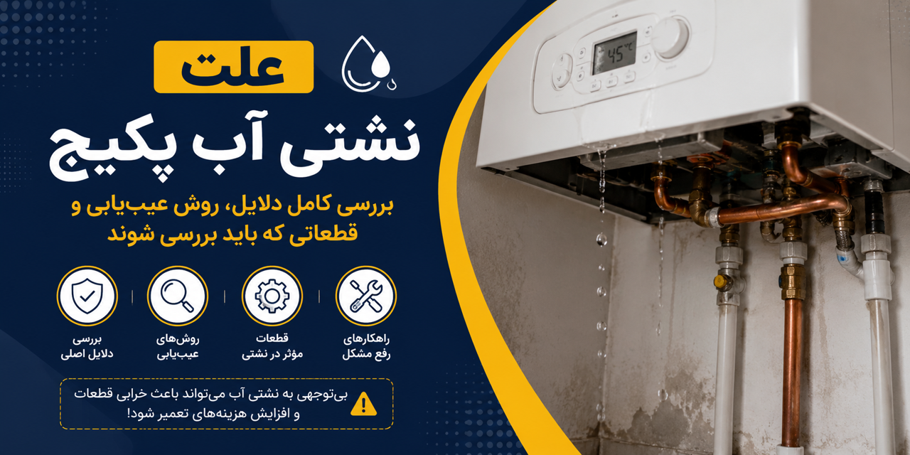 علت نشتی آب پکیج؛ بررسی کامل دلایل، روش عیب‌یابی و قطعاتی که باید بررسی شوند