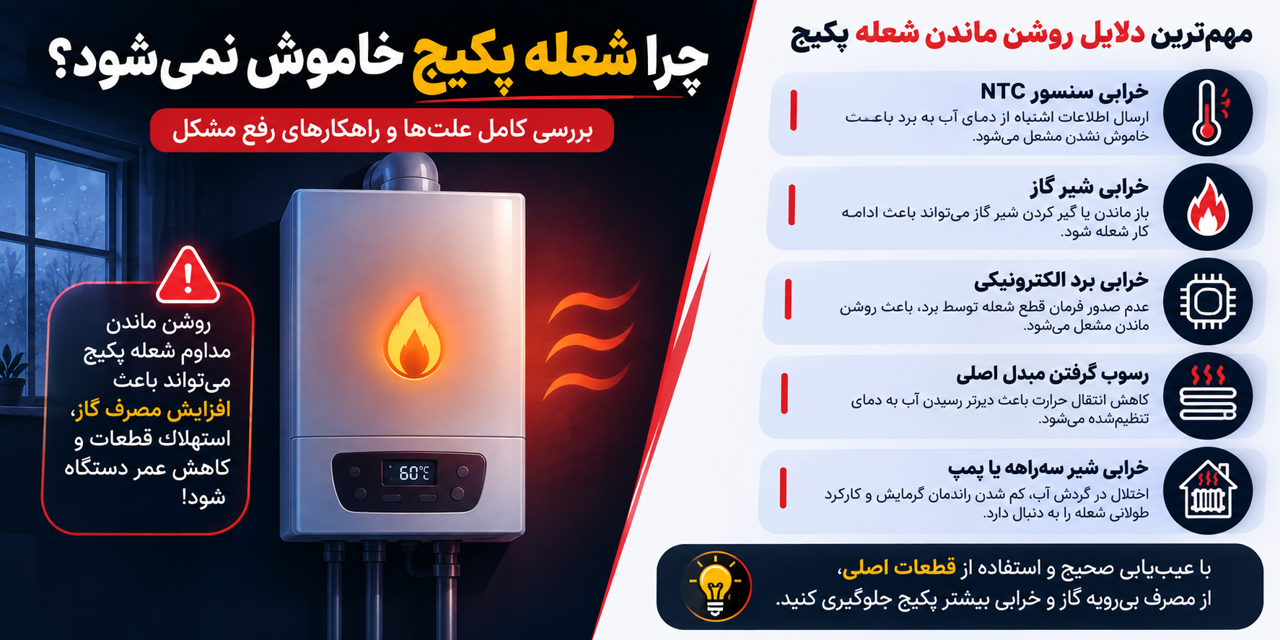علت روشن ماندن شعله پکیج | بررسی کامل علت‌ها، روش عیب‌یابی و راه‌حل