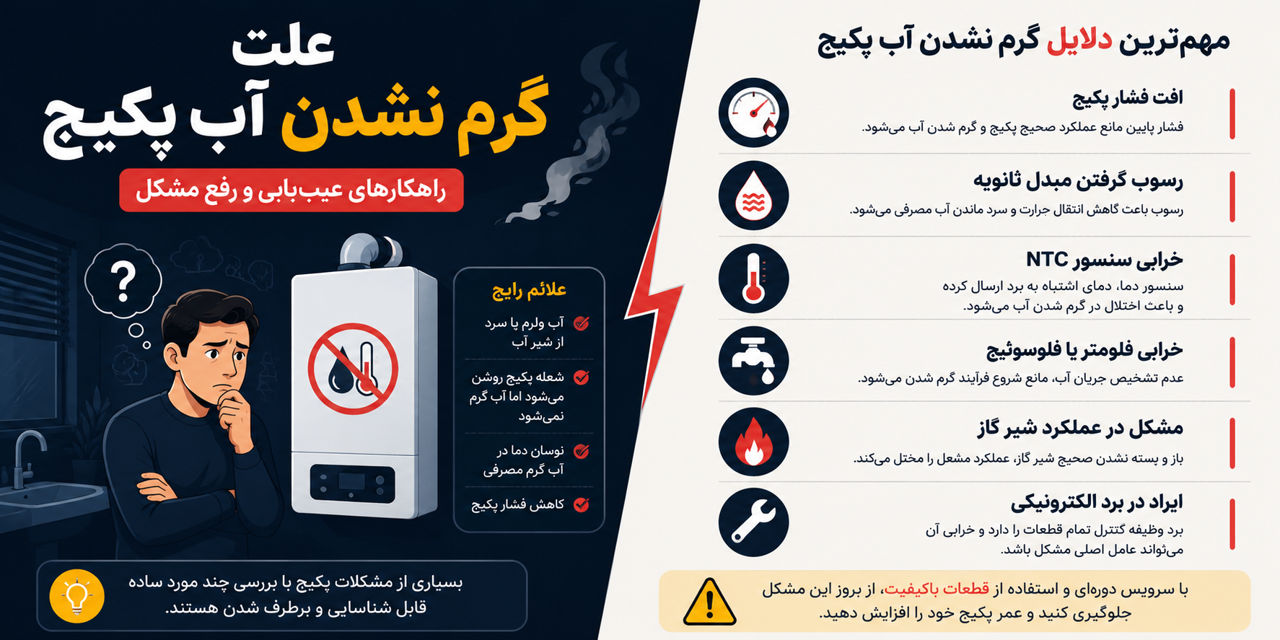 علت گرم نشدن آب پکیج ؛ بررسی کامل تمام دلایل+ معرفی قطعات معیوب